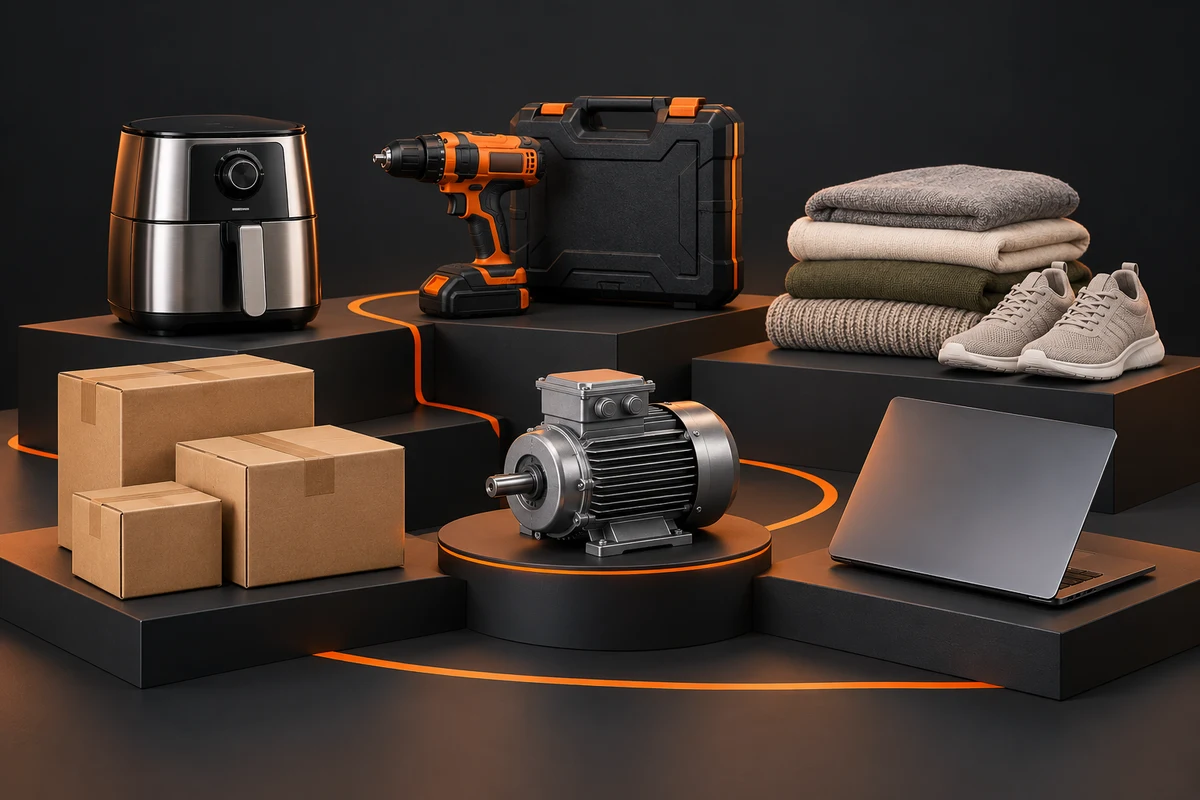 Illustration of a balanced mix of appliances, tools, textiles, merchandise, industrial equipment and electronics for asset recovery