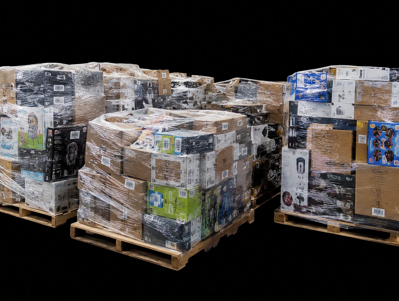 Wrapped pallets of commercial inventory in a warehouse